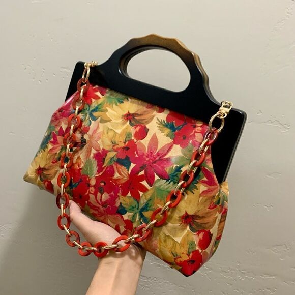 Handmade Genuine Leather Floral Print Large wooden Frame Bag & 2 Strap Styles - Picture 6 of 15